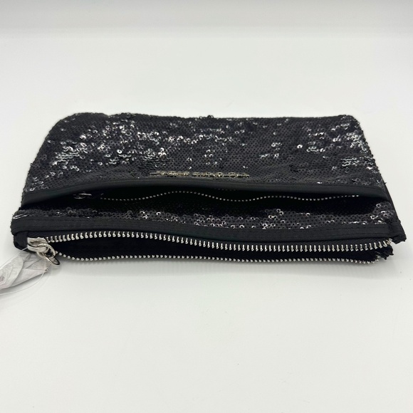 NWT Victoria’s Secret Black Sequin Clutch Bag Silver Zipper & Logo - Multi-use - Picture 4 of 6